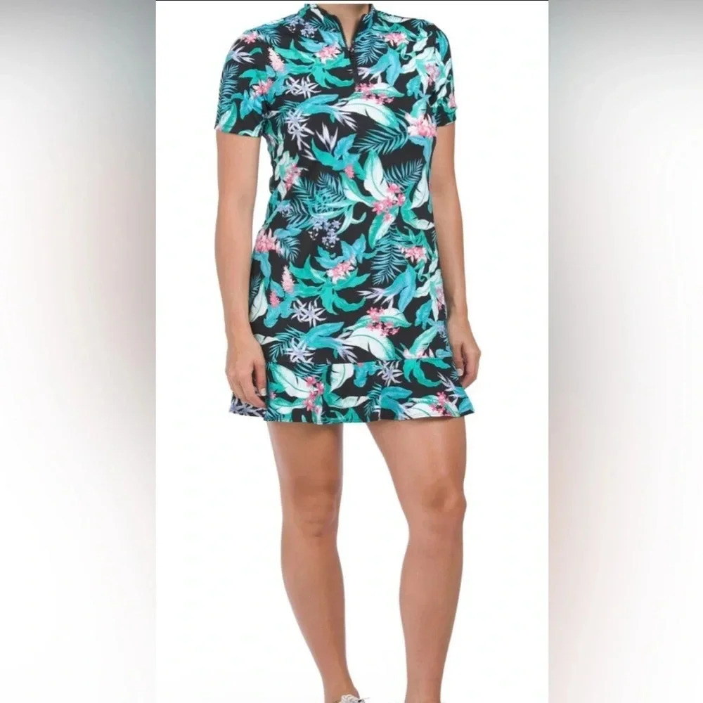 Tommy Bahama Green Black Floral Tropical Golf Pickleball Dress Size Medium